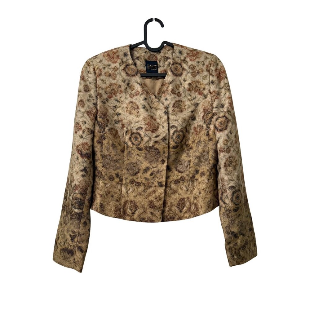 Pauw Amsterdam Chic Neutral Floral 100% Silk Snap Jacket Womens Size Small